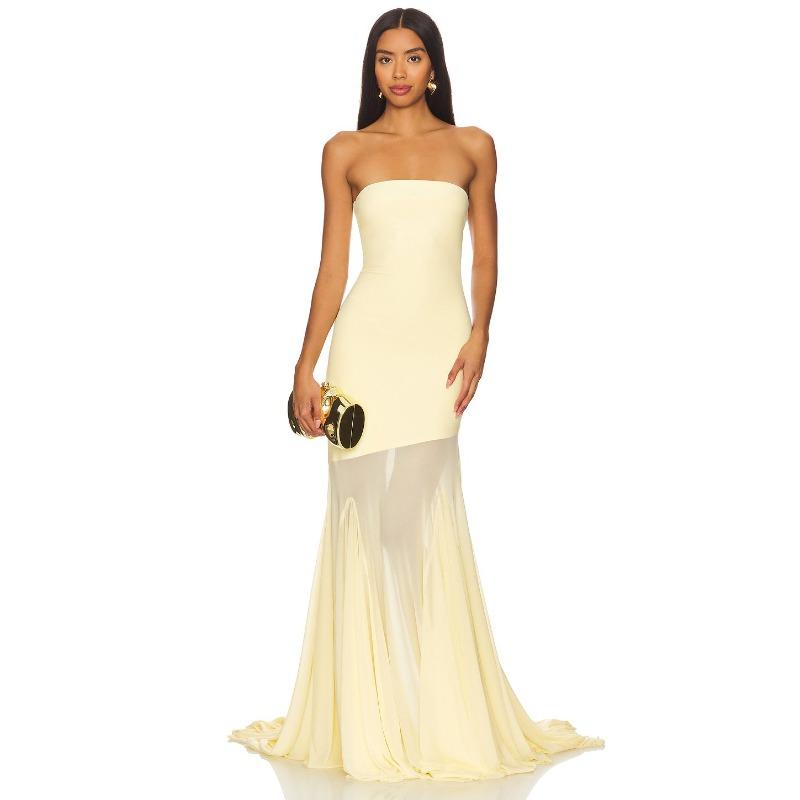 

New Women s Tube Top Dress Slim-fitting Sexy Hip-wrapped Mesh Solid Color Dress XS светло-желтого