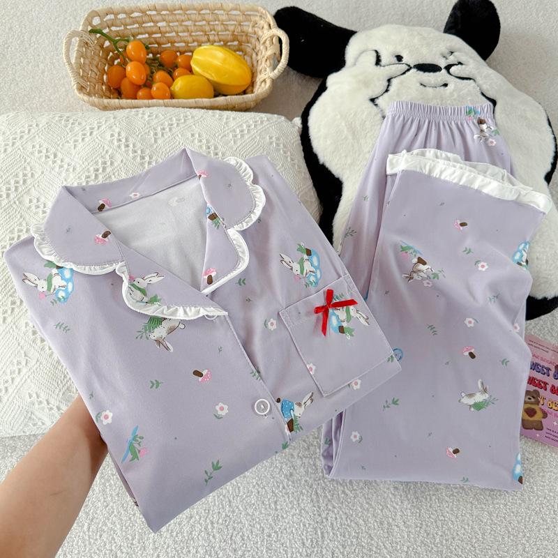 

Сладкий кружевной сон фиолетовая пижама женская весна и осень новая имитация хлопка с длинным рукавом пасторальная мультяшная домашняя одежда 2XL [Recommended 130-72.5kg]