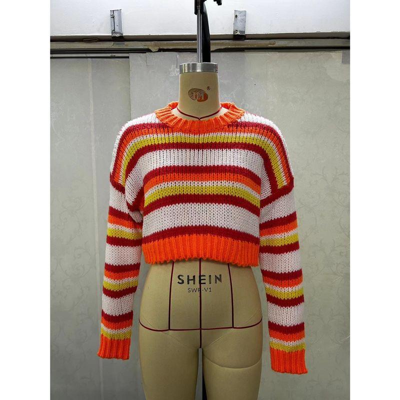 Summer and Autumn Stylish Fashion Autumn Colorized Sweater Export Loose Leisure Short Contrast Color Stripes Knitwear Tops