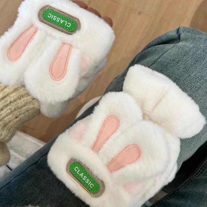 Gloves for Women In Winter Cute Student Warm Cute Rabbit Flap Cover with Fingers and Write Plush Half Fingers Plus Velvet Riding Bike Anti Freeze