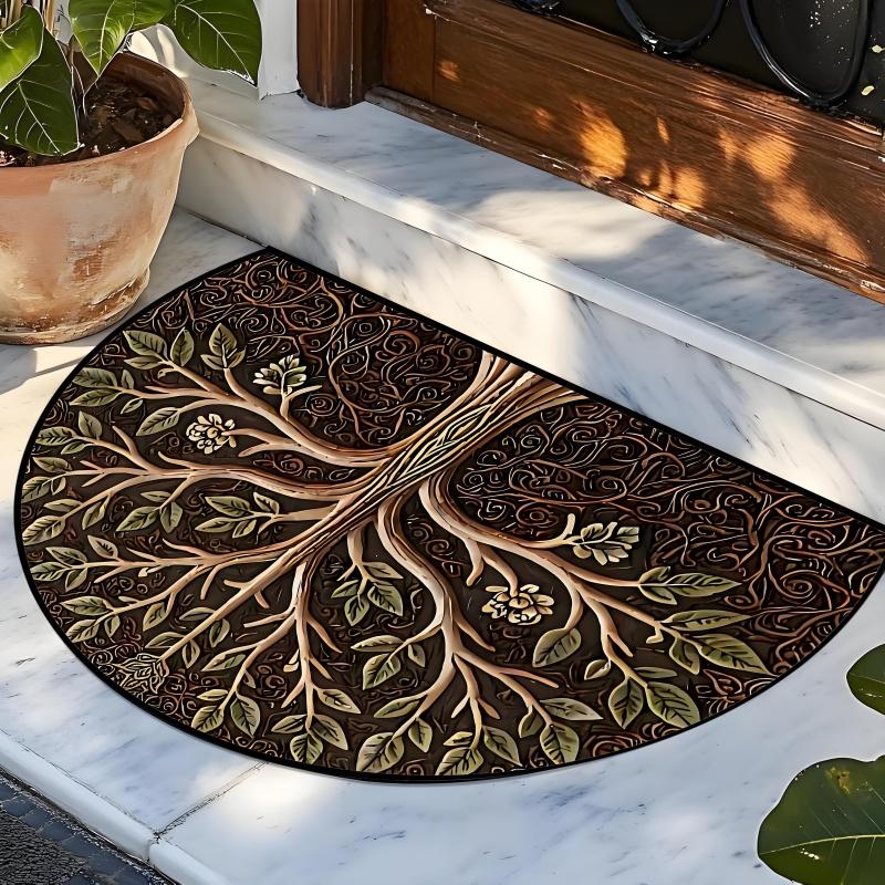 Keltische Levensboom Halfronde Deurmat Vintage Halve Ronde Antislip Welkom Vloerkleed voor Huis Entree Portiek Decor 50x80cm-Felt
