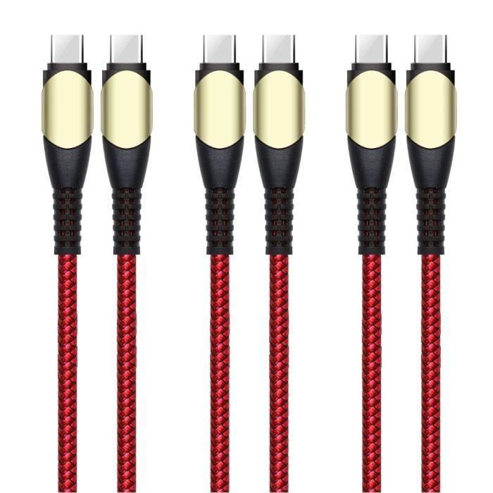 3x Câble USB-C vers USB-C 60W pour Samsung Xiaomi Redmi OPPO - Nylon Tressé Rouge 1M