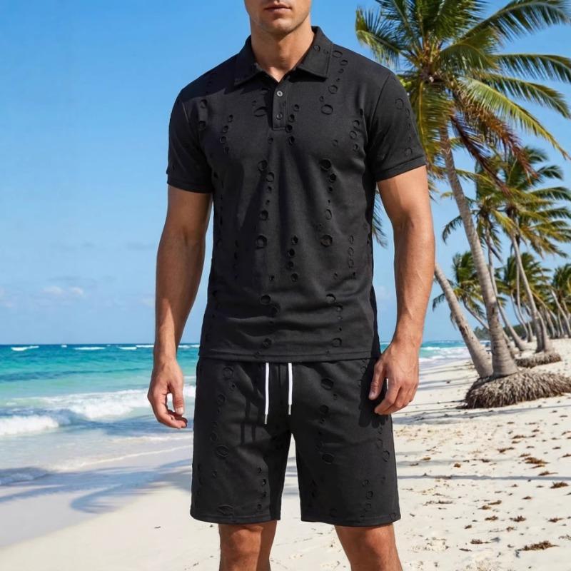 Mens Casual Solid Color Textured Dot Polo Shirt Drawstring Shorts 2 Piece Outfit