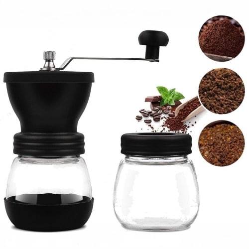 Xiraivke Outlet Coffee Mill (Box Crushed), Includes 1 Storage Bin, Hand Grinding, Washable, Non-Slip Ceramic Cutter, Glass Body (Black Coffee Grinder