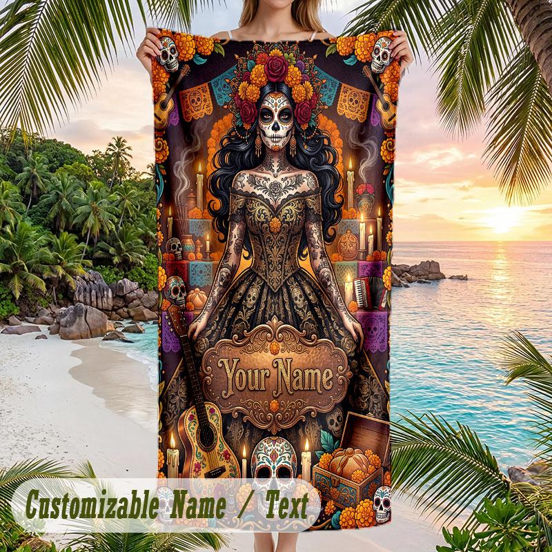 Day Dead Celebration Theme Quick Dry Beach Towel Custom Name Text Print Large Sand Resistant Towel Beach Vacation