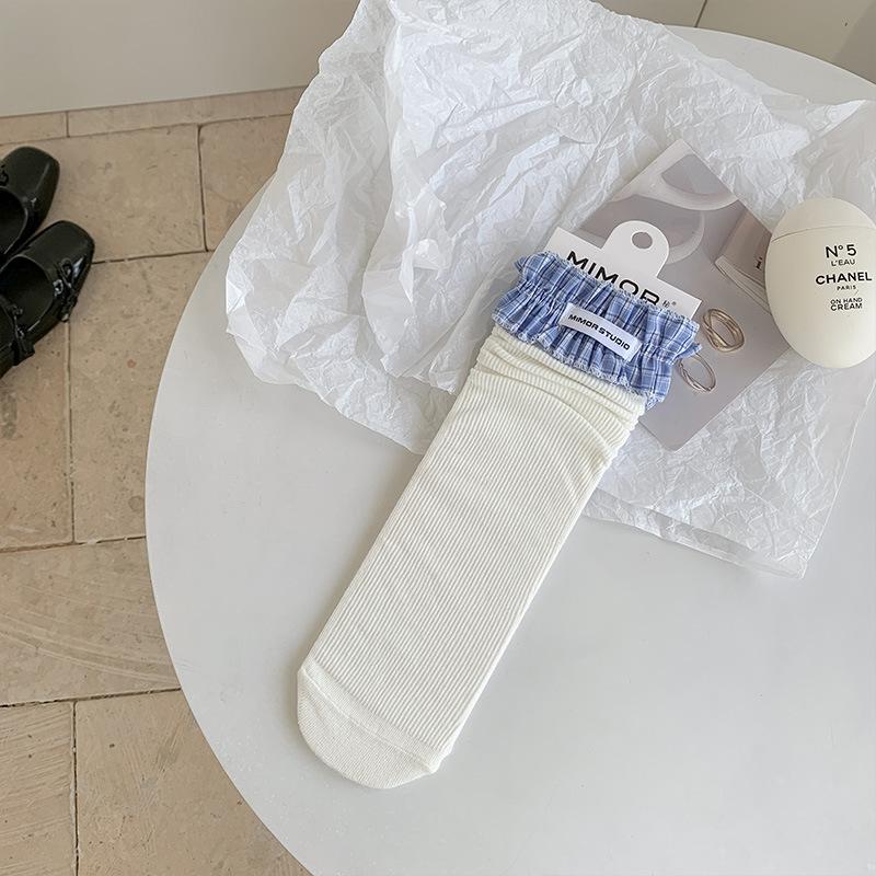 Women's Spring and Summer Thin Plaid Lace Creative Fashion Cloth Label Sweat Absorbent Boneless Tube Pile Socks