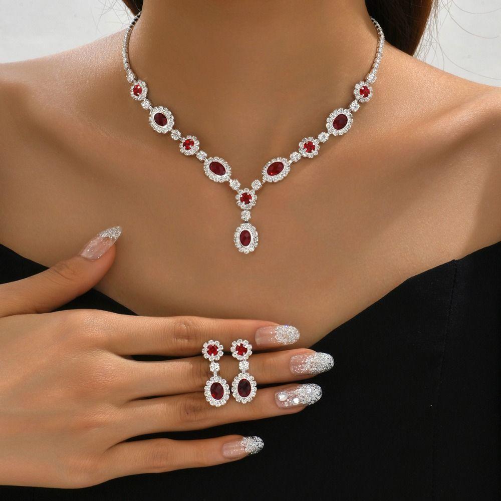 

Crystal Earrings Claw Chain Necklace Wedding Party Rhinestone Jewelry Set Banquet червоний