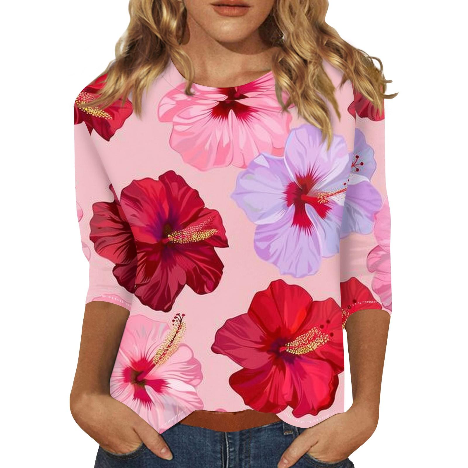 

Женский топ с цветочным принтом, круглым вырезом и рукавами три четверти Футболка Футболка с рукавами три четверти L