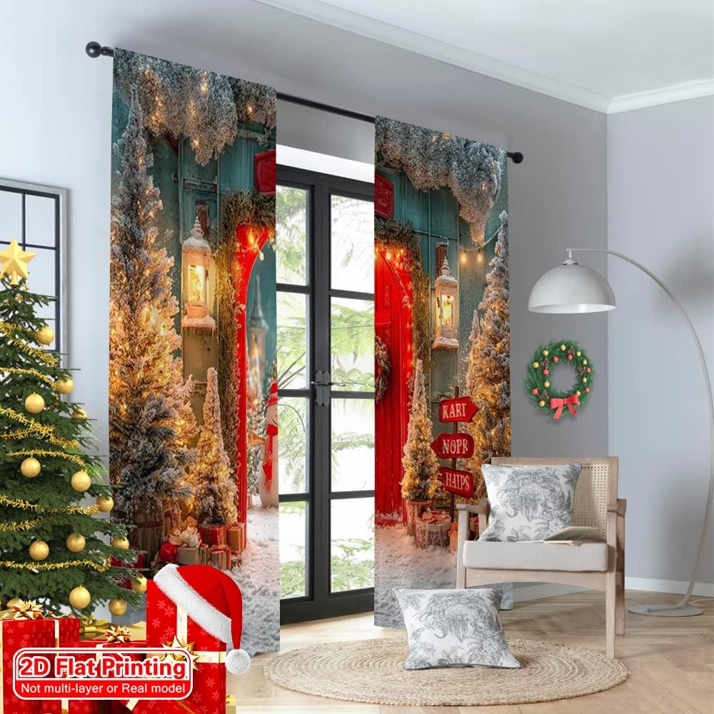 2pcs 2D flat printing Merry Christmas Popular Party Window Curtains Pine Snow Trail (2) Durable Polyester Without Electricity