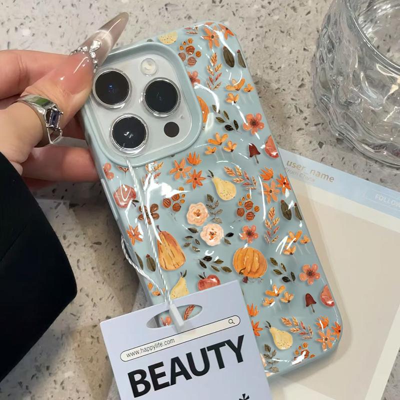 Custodia per Telefono con Texture Piegata e Motivi Floreali e Vegetali Autunnali per iPhone 16 15 14 17 Air 12 13 Pro Max 16 Plus Cover Morbida