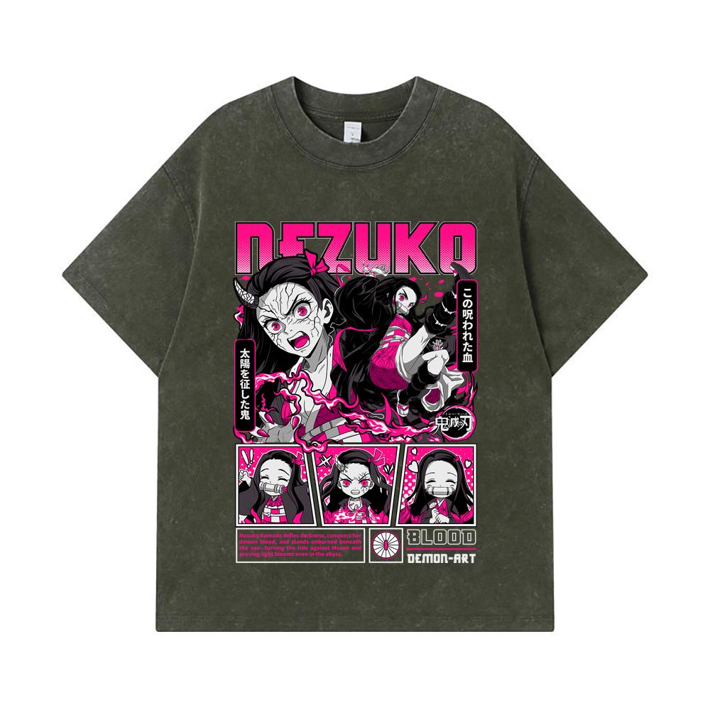 275 GSM Washed T-shirts 100% Cotton Demon Slayer V56 Nezuko Print Unisex Heavy Cotton T Shirt