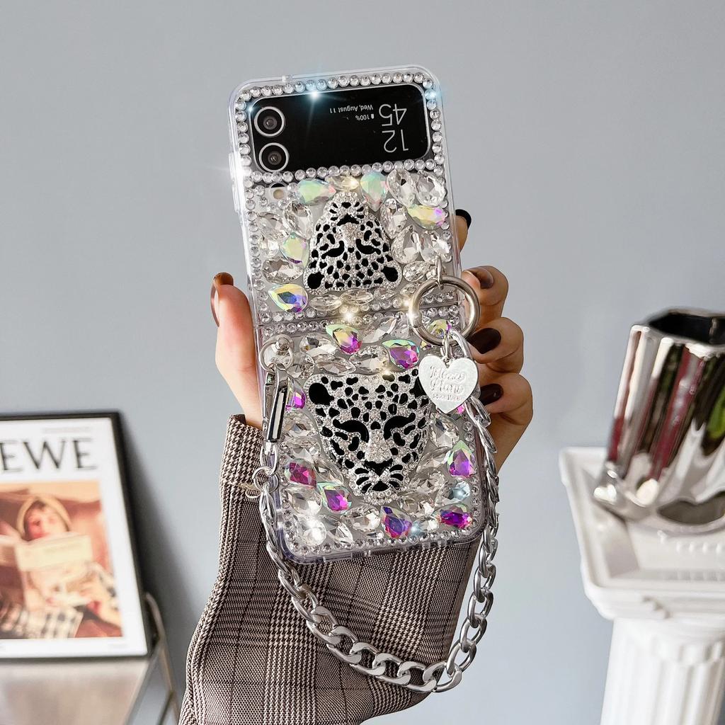 Phone Case Cover with Metal Hand Chain, Bling Diamond Leopard Head, Luxury Fashion, for Samsung Galaxy Z Flip 4 3 Z Flip 5