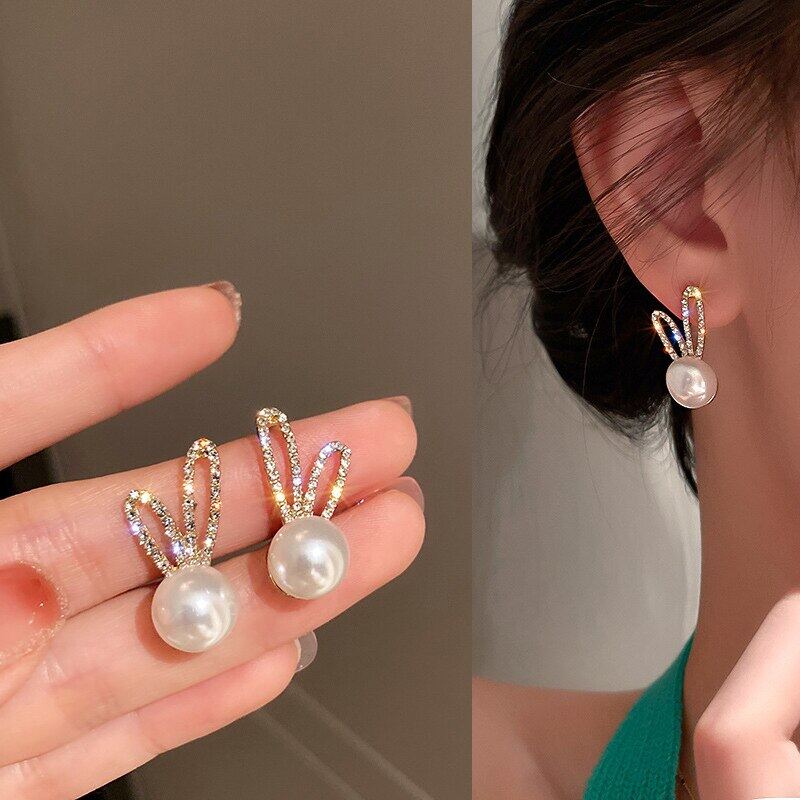 

Women Rabbit Ear Pearls Earrings Two Wear Way Contrast Color Metal Chic Simple Stud Earring for Girls
