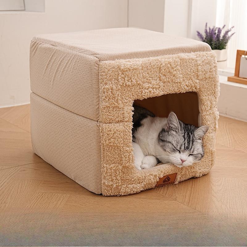 Foldable Enclosed Cat Bed Warm Plush Pet House Portable Warm Square Detachable CatNest Home Indoor Pet Rest Cat Accessories Gift