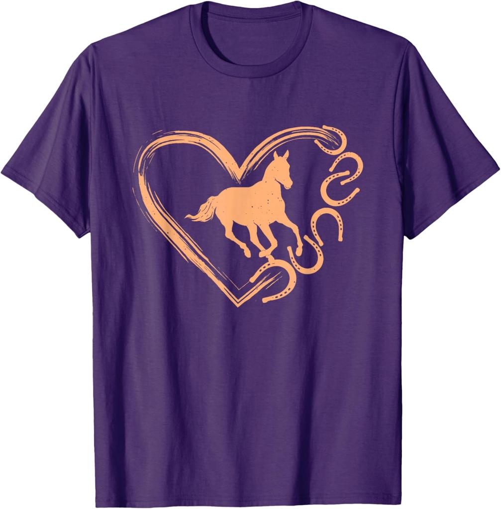 Pferdeherz Hufeisen Grafik Lässiges Baumwoll-T-Shirt Reitliebhaber Tee