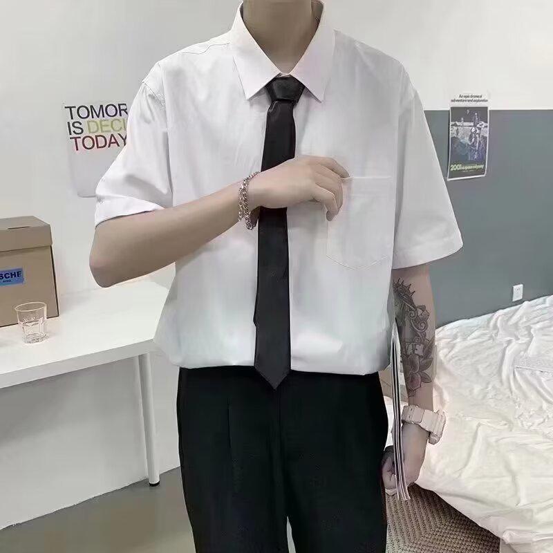 Men's White Korean Style Short-Sleeved Casual Shirt - Loose Fit, Trendy Hong Kong Style Student Class Uniform