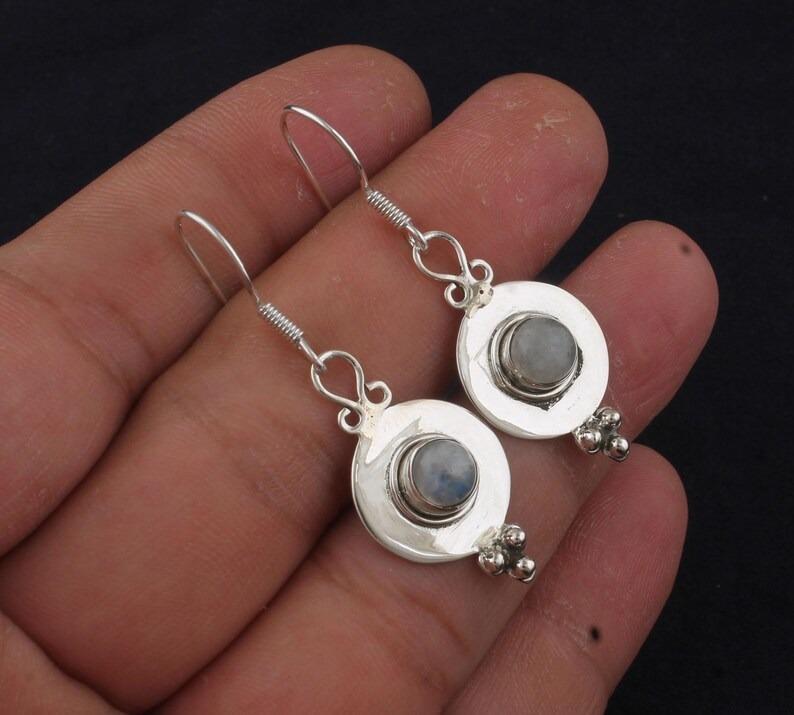 Solid 925 Sterling Silver Round Moonstone Gemstone Women Dangle Drop Earrings Gift For Her Mom Gifts