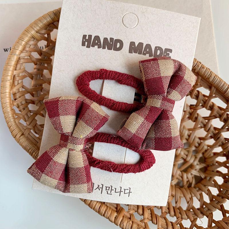 Korean Red Plaid & Flower Bow Kids' Polka Dot Fabric Hair Clips