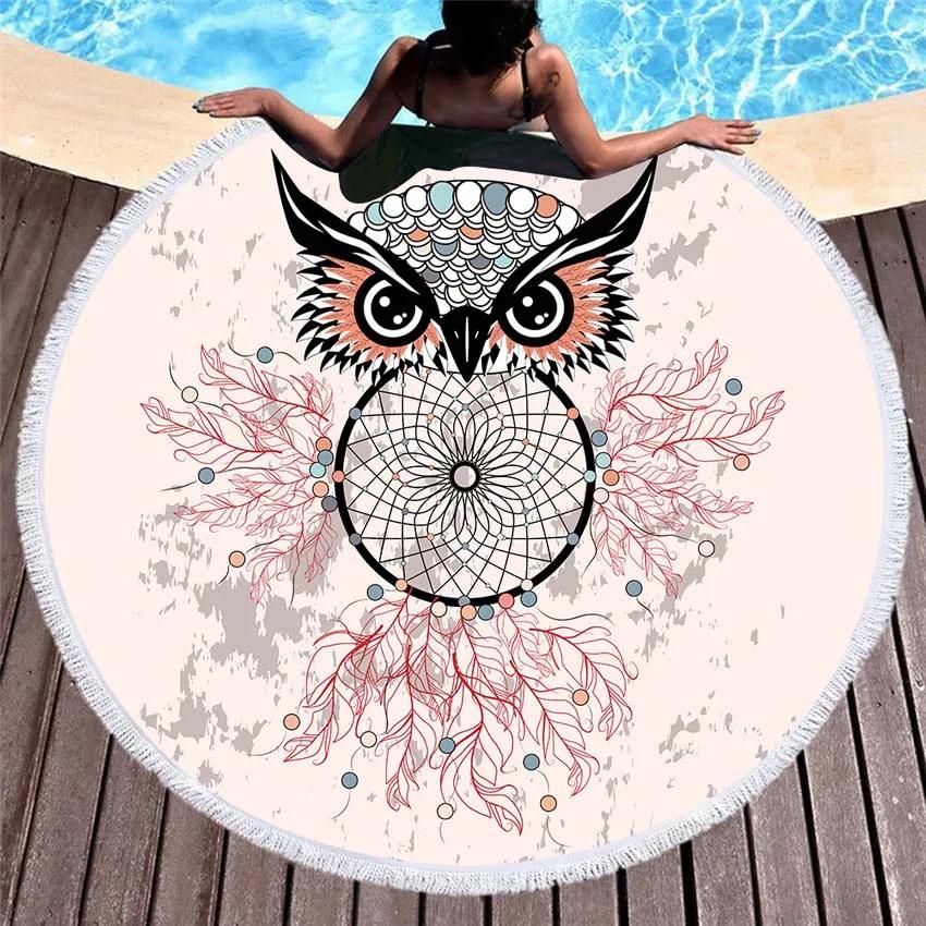 Owl Summer Round Beach Towel Seaside Wall Tapestry Dream Catcher Blanket Bath Sports Towels Bikini Cover Up Towel