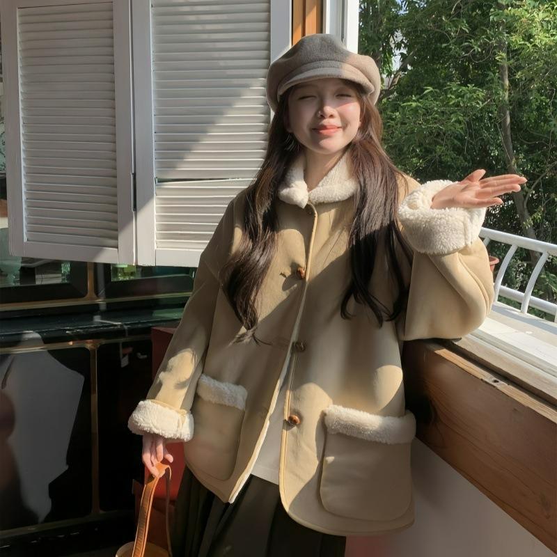 Wildleder Schulter Wollmantel Damen Winter Übergröße Fett Mm Lammwolle Steppstrick Baumwolljacke