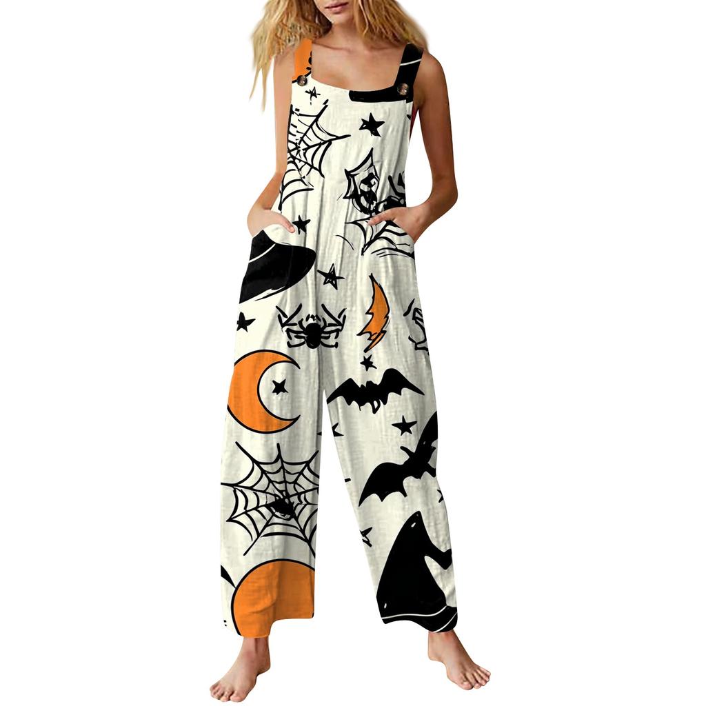 Women Sleeveless Jumpsuit Halloween Print Cotton Casual Loose Fit Wide Leg Romper Pocketed Overall Pants