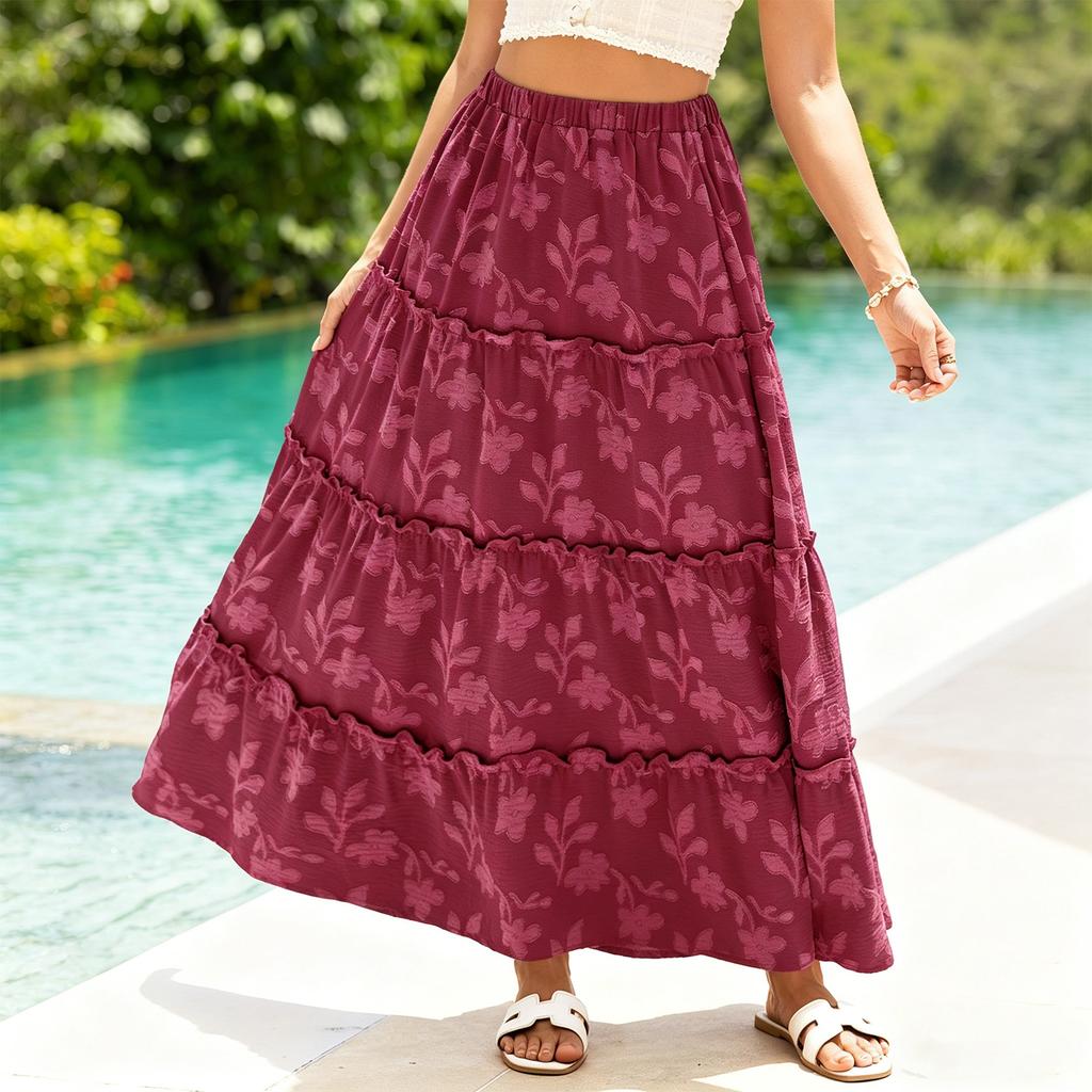 Women Bohemian Style High Waist Tiered A Line Skirt Elastic Waistband Floral Print Casual Midi Skirt for Daily Wear