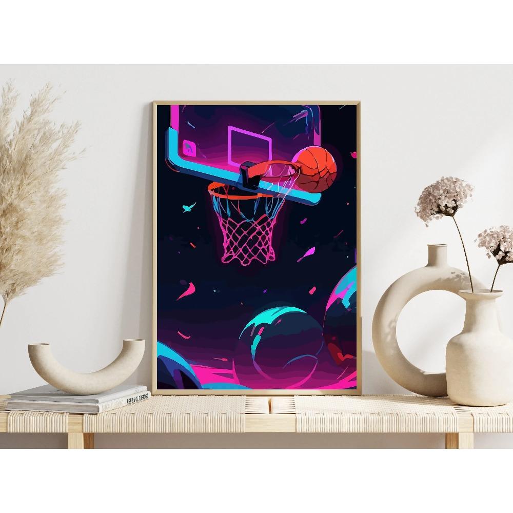 Retro-Futuristic Gaming Setup Posters Neon Lights Basket Ring Game Room Modern Prints Canvas Wall Picture Home Living Room Decor