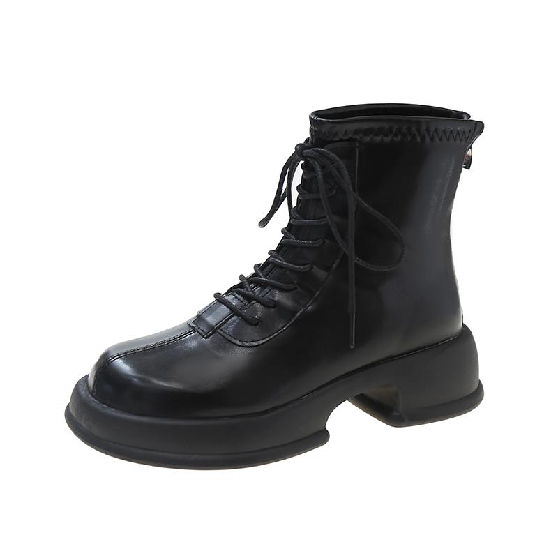 

Новые туфли для женщин, весенние и осенние женские сапоги, однотонные, с круглым носком, на шнуровке, на молнии, на платформе, водонепроницаемые, модные сапоги 42 чёрный