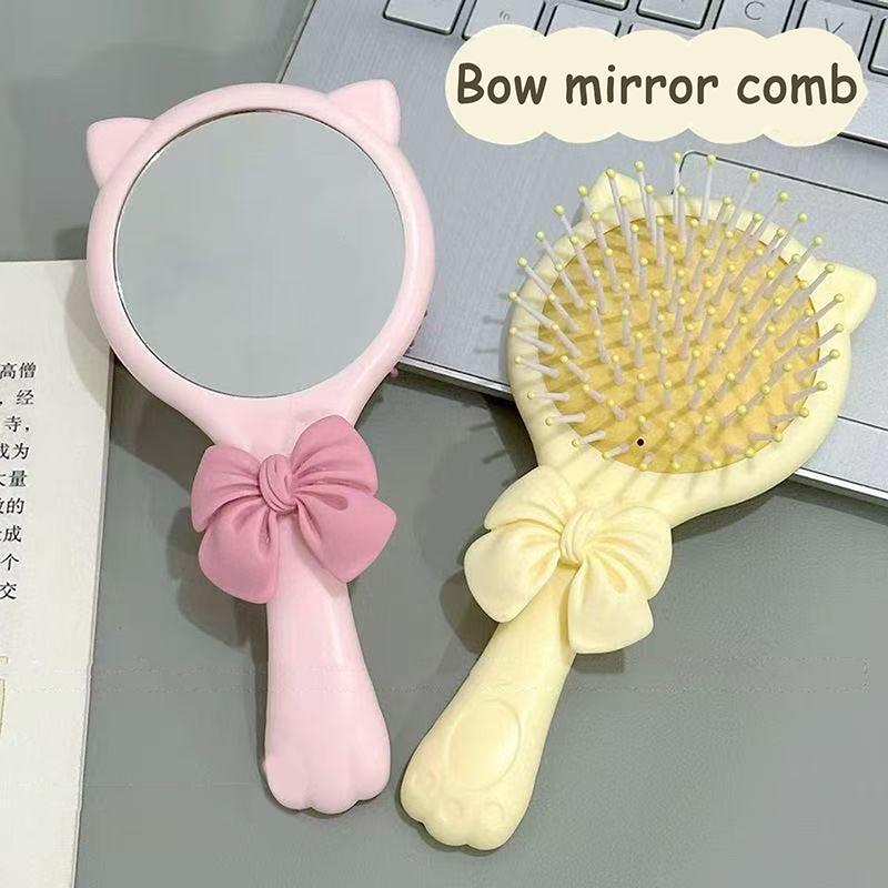 Bow Cat Claw Mirror Comb 2-In-1 Portable Airbag Comb Handheld Mirror Air Cushion Massage Comb Hairdressin Girl Birthday Gift