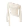 Spicy Girl Off-Shoulder Pleated Mesh Long-Sleeve Slim Fit Top for Women