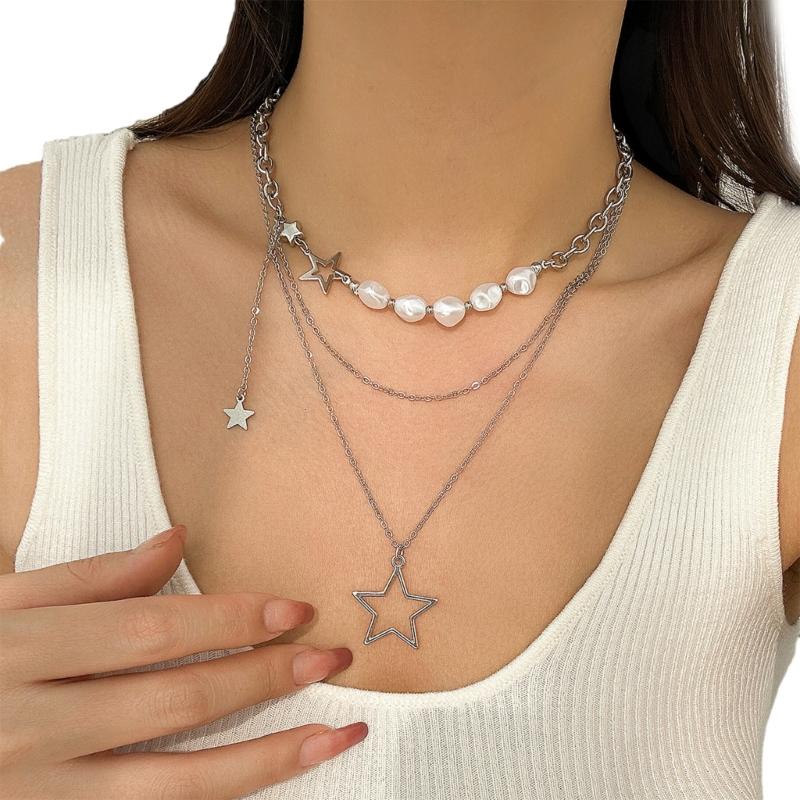 Fashionable Multilayer Star Charm Collar Necklace Adjustable Length Imitation Pearls Clavicle Chain Alloy Jewelry Gift