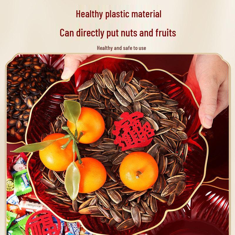 2026 New Year Red 'Fu' Character Fruit Plate with Sunflower Seeds and Candy Snacks for Festive Dining and Coffee Tables