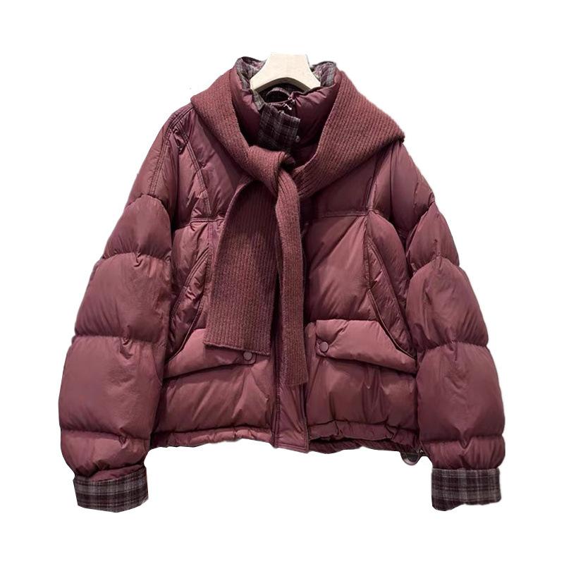Premium stand-up collar short down jacket women's winter retro plaid splicing thickened knitted hat bread jacket