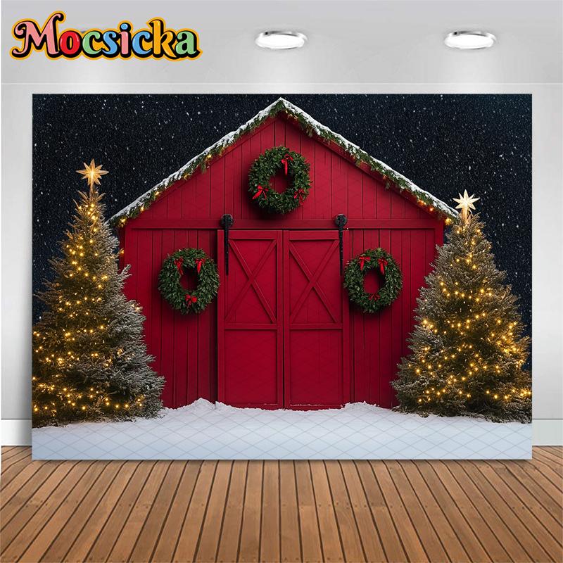 Mocsicka Christmas Tree Background Photography Red Door Snow Wreath Gifts Kid Photo Backdrop Shooting Props Outdoor Decor Studio