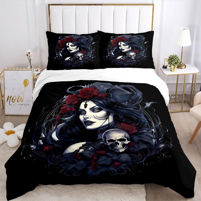 3pcs Gothic Portrait with Skull and Red Roses Bedding Set - Includes Quilt Cover and Pillowcases, Suitable for All Seasons, Machine Washable - Id
