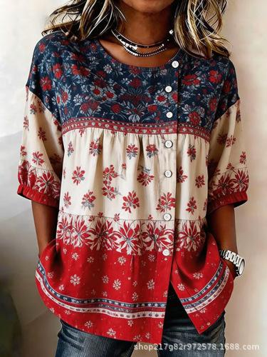 European and American summer new women's tops, shirts, geometric printing buttons, drawstrings, half-sleeved tops, T-shirts, women's clothing