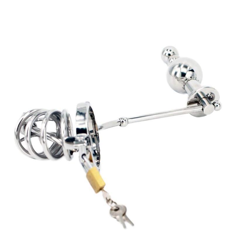 Lock Him Cage & Beads Plug 304 Stainless Steel Adjustable Chastity Cage BDSM