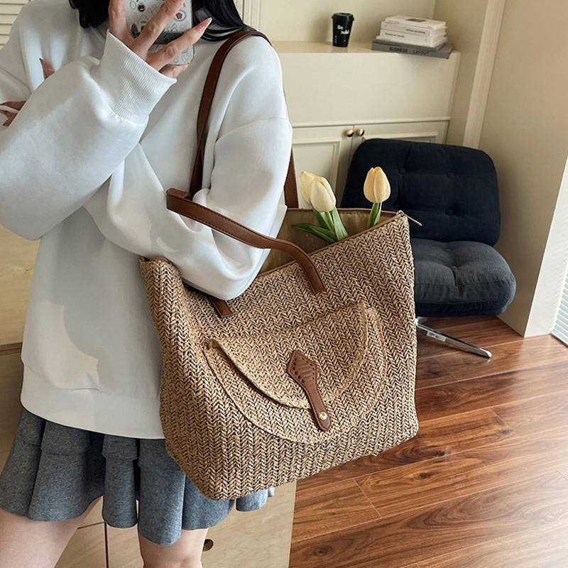 Yogodlns Women's Woven Straw Tote Bag Leather Patchwork Decor Large Capacity Casual Daily Beach Vacation Shoulder Handbag