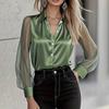 Womens Satin Blouse V Neck Long Sleeve Sheer Mesh Lantern Sleeve Shirt