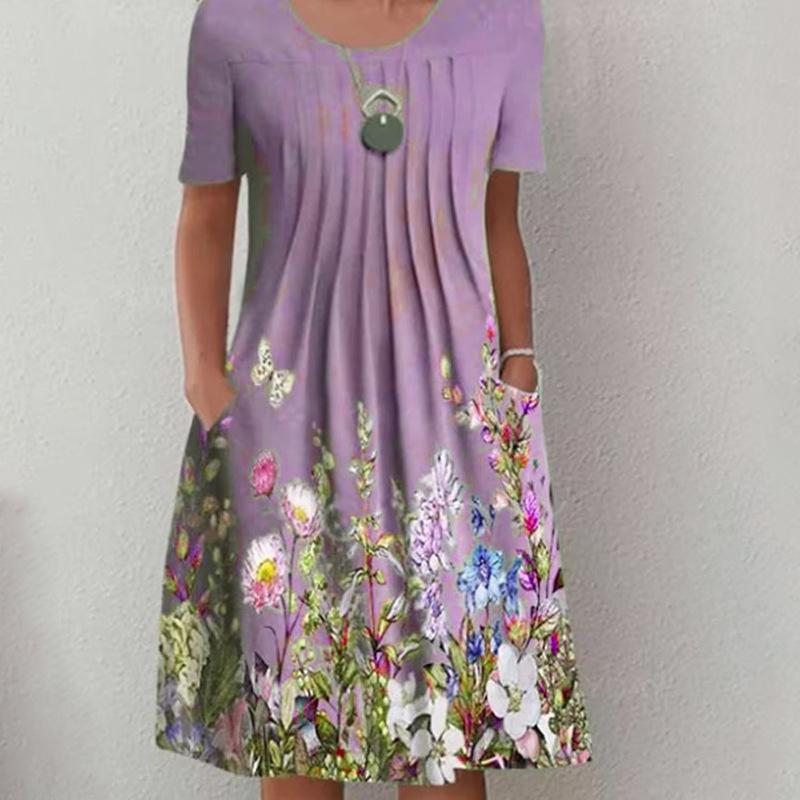 Spring and Summer Floral Print Crew Neck Pocket Women's Fashion Casual Crew Neck Trend Print Medium and Long Dress