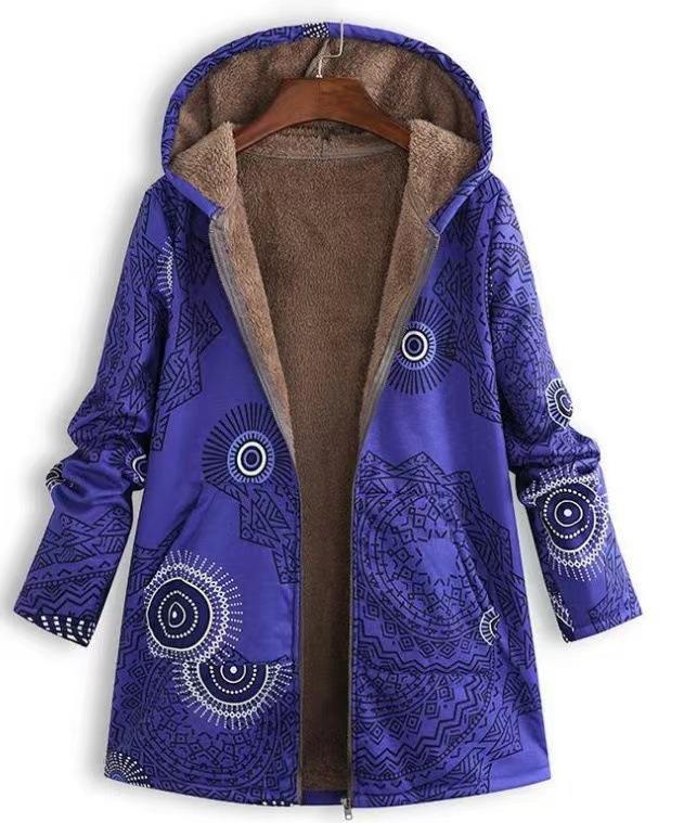 Women Winter Coat Retro Floral Print Hooded Thick Outerwear Plush Zip-up Heat Retention Mid Length Casual Jacket for Daily Wear