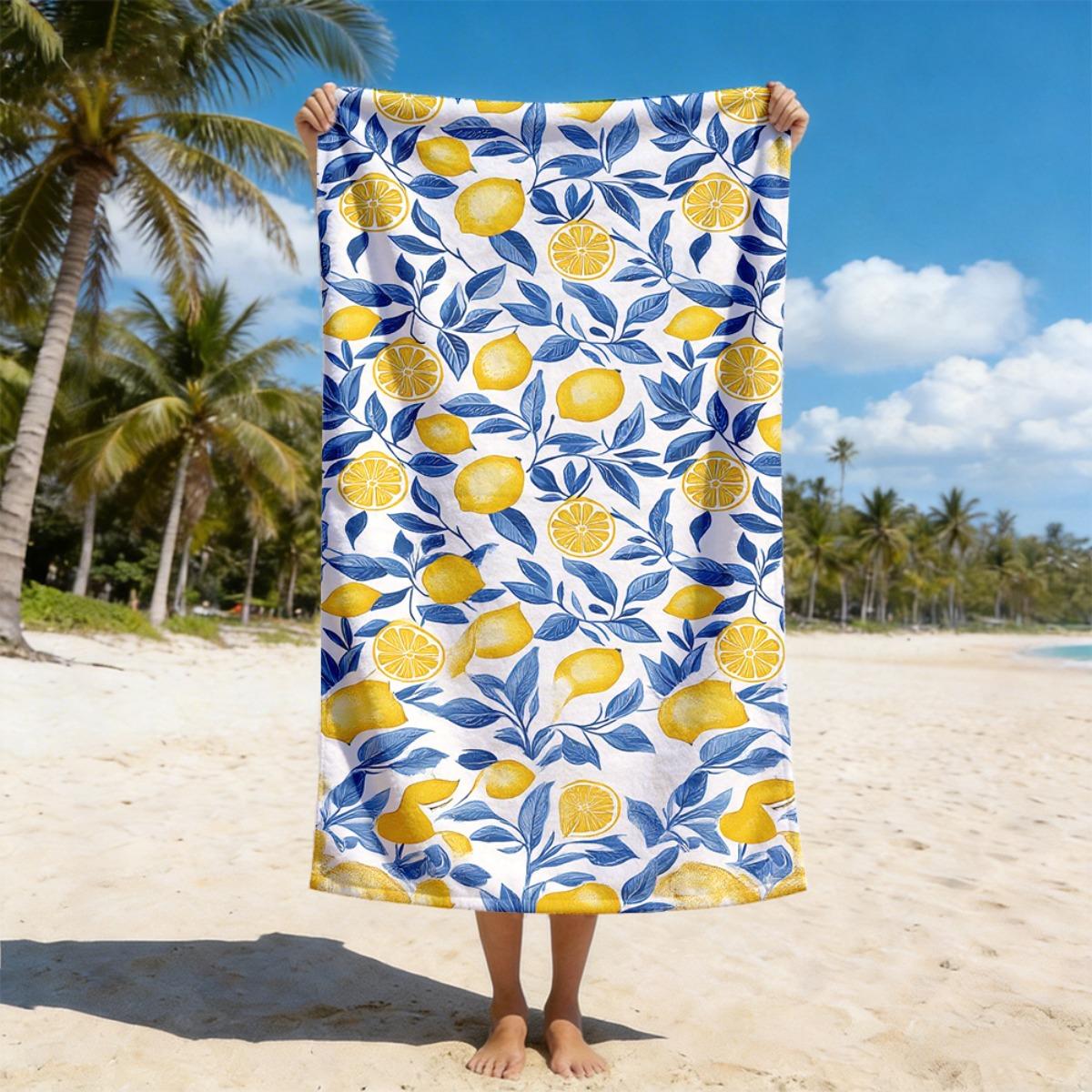 Mediterranean Lemon Beach Towel Summer Towel Blue Leaves Print Pool Towel Large Microfiber Beach Towel Aesthetic Vacation Mat 50x100cm