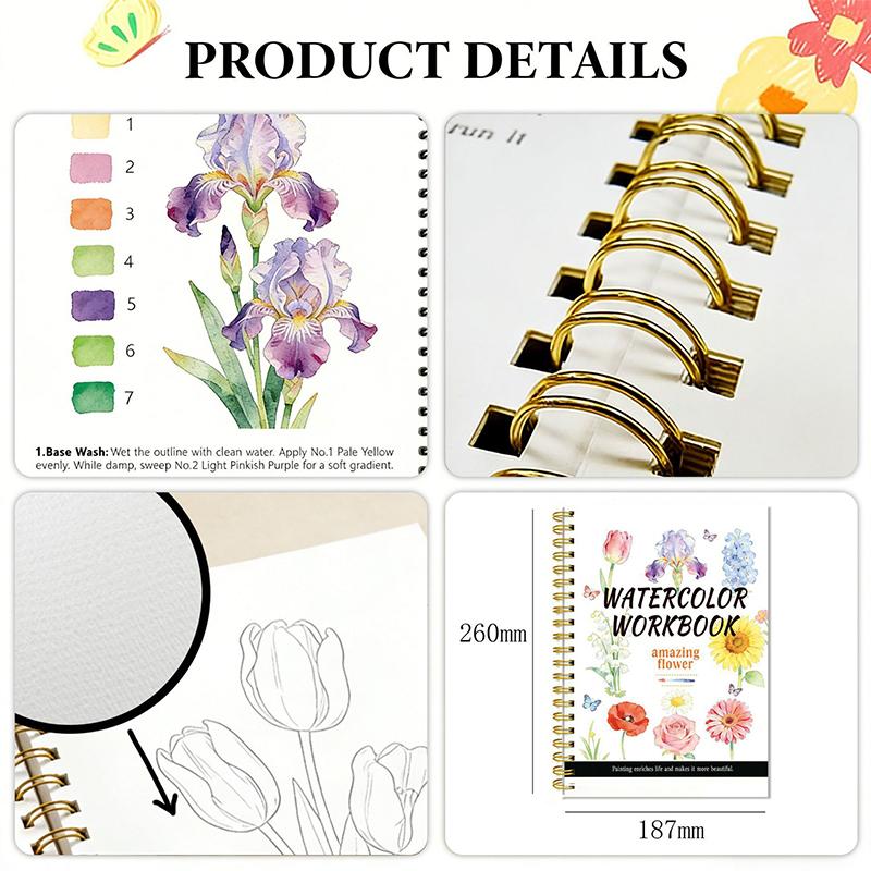 Cuaderno de Acuarela de Flores con Espiral Papel Grueso Guías Fáciles Para Principiantes Práctica Diaria de Arte