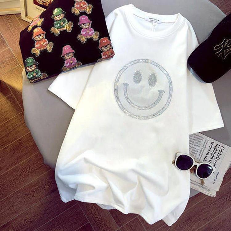 

Корейская версия свободной футболки с бисером и улыбкой для женщин, новый ленивый стиль, средней длины, белая футболка с коротким рукавом XXXL белый