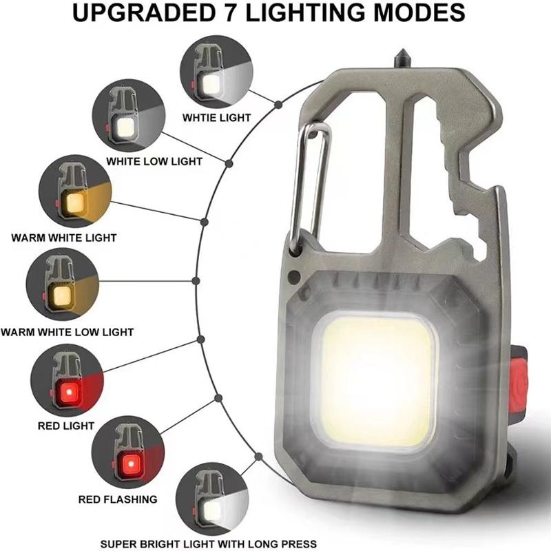 Keychain Work Light, Rechargeable Torch Led Super Bright with 7 Lights Modes With Screwdriver Bottle Opener for Outdoor Hiking