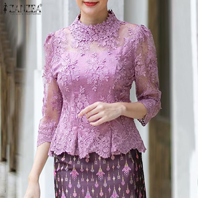 

ZANZEA Womens 3/4 Sleeve Casual See-Through Lace Patchwork Blouse S фіолетовий