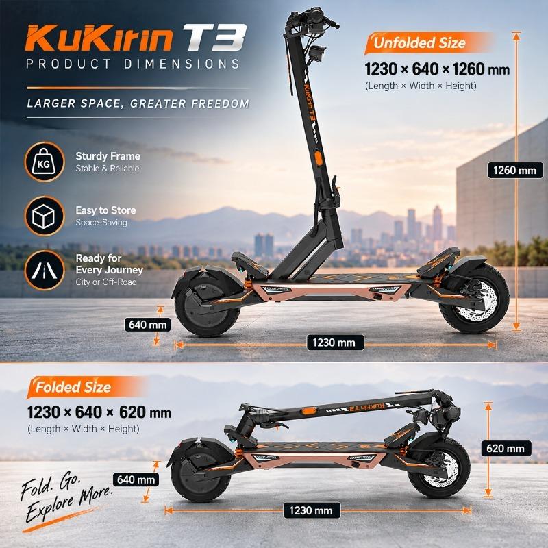 KuKirin T3 Electric Scooter for Adults, 800W Motor, 48V 15.6Ah Battery, 45KM/H Speed, 58KM Range, 10" Tubeless Tires, Foldable E-Scooter