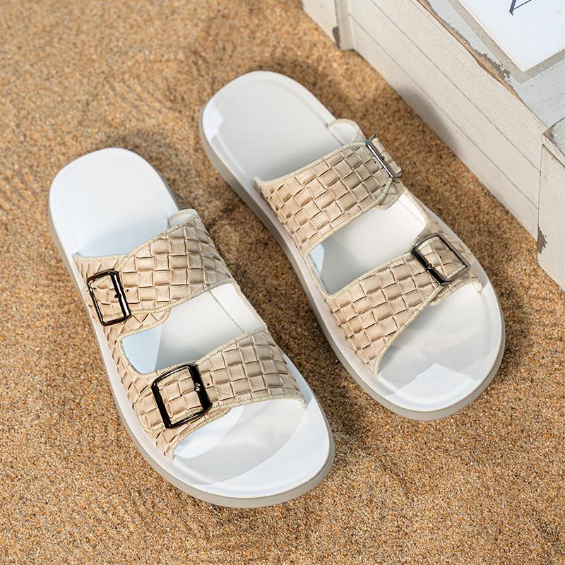 

Men Black Leather Slippers Simple Flats Summer Brown Outdoor Sandals Outdoor Beach Shoes for Father Over Sized EU:48 бежевий
