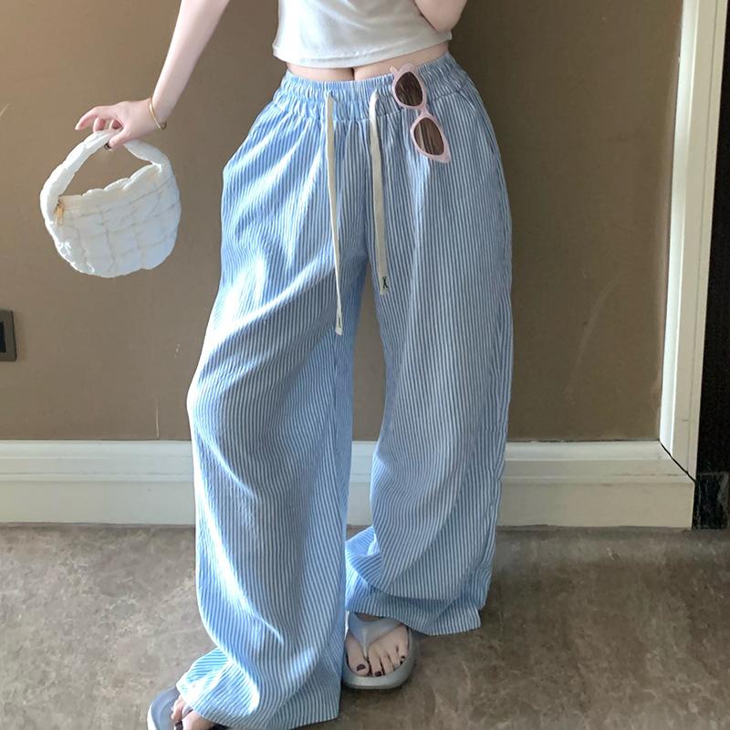 Bilateral Pocket Tie Rope Pajama Pants for Women Loose Wide Leg Pants Korean Style Outside Home Trousers Sleeping Pants Striped