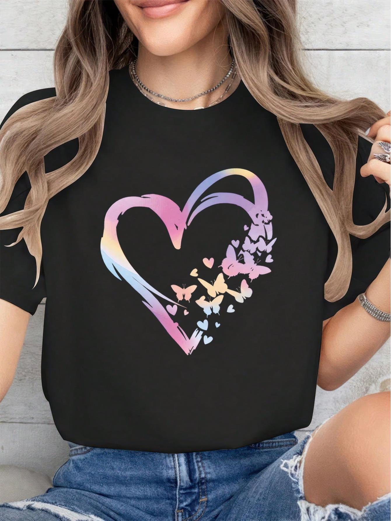 

2026 Heart Print Casual Crew Neck Short Sleeve Comfort Tee Top Spring Summer Womens Clothing Harajuku Short Sleeve Casual S